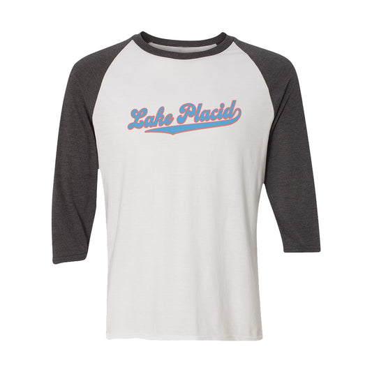Lake Placid Retro Script Vintage Style 3/4 Sleeve Unisex Raglan Shirt