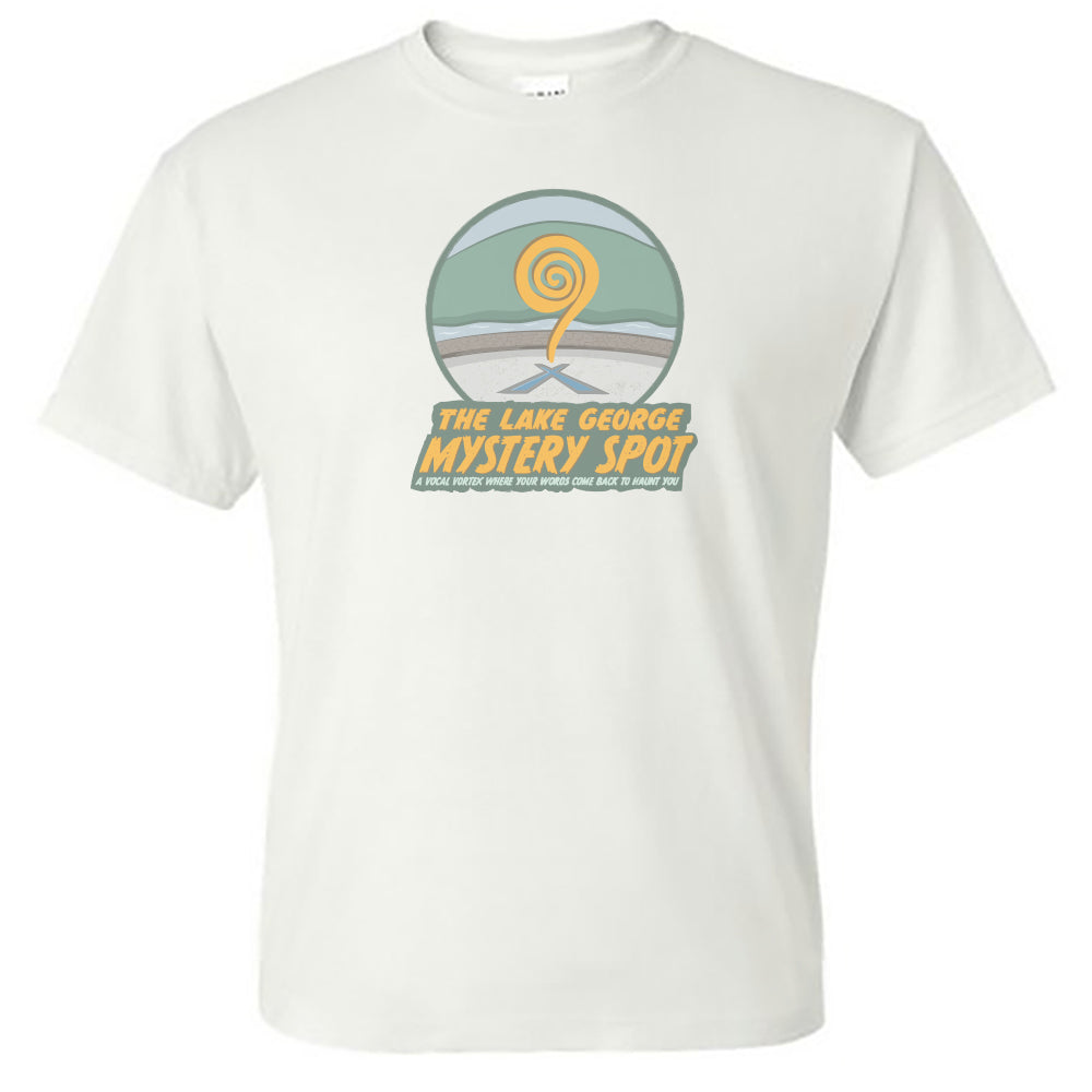 White t-shirt with 'The Lake George Mystery Spot' graphic design on a white background