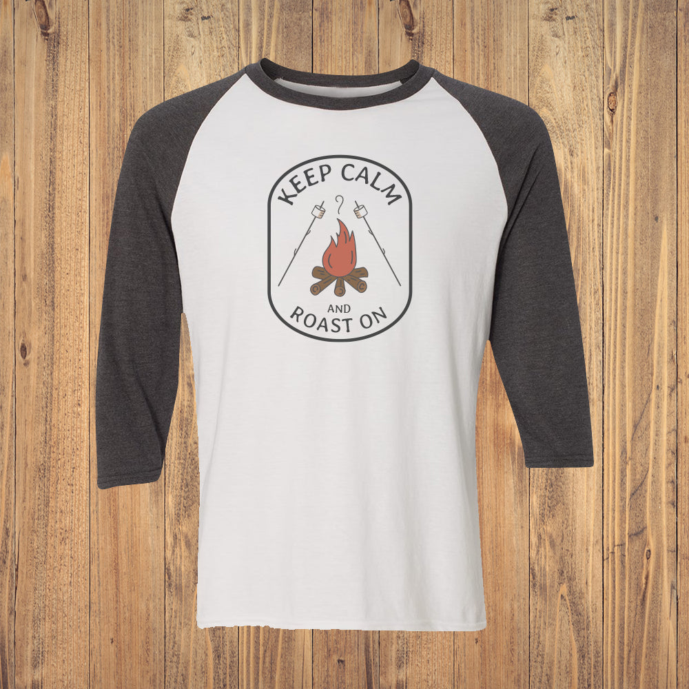 Keep Calm and Roast On Logo Funny Camping 3/4 Sleeve Raglan Shirt