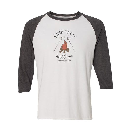 Keep Calm Campfire Adirondacks Vintage Style Print 3/4 Sleeve Raglan Shirt