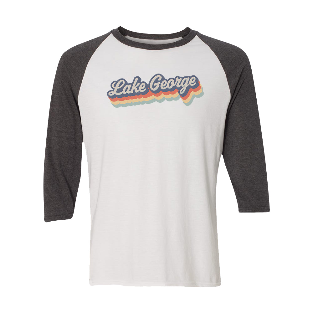 Lake George Retro Script Vintage Style 3/4 Sleeve Unisex Raglan Shirt
