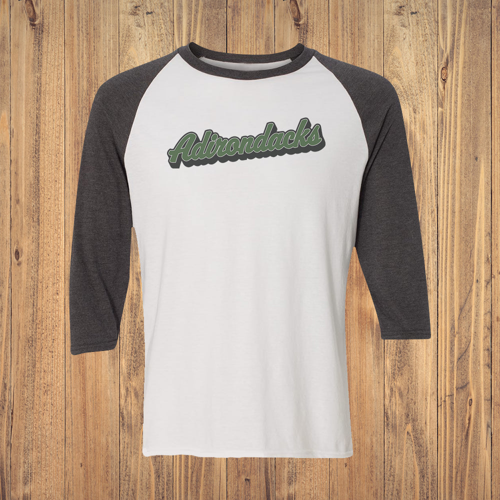 Adirondacks Retro Script Vintage Style 3/4 Sleeve Unisex Raglan Shirt