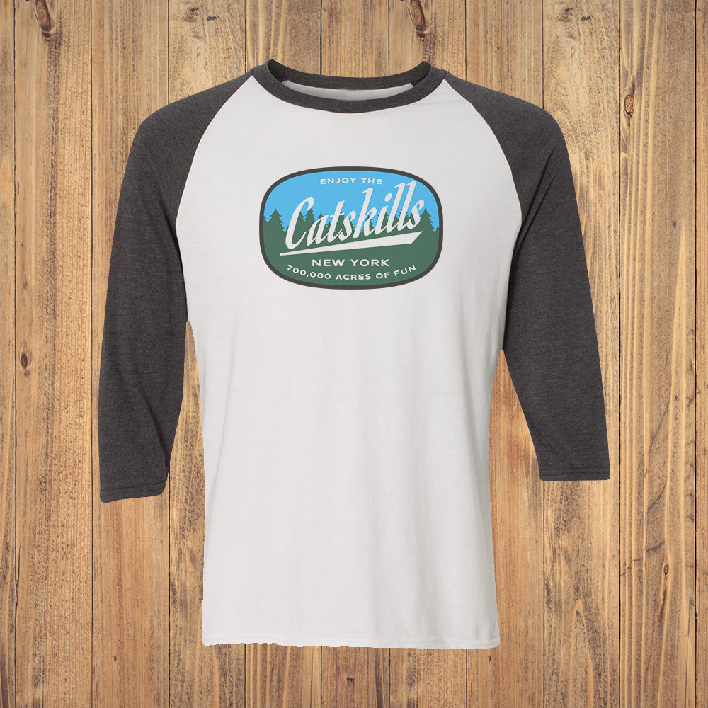 Enjoy the Catskills Vintage Faded Print Graphic Tee - 3/4 Sleeve Raglan Shirt