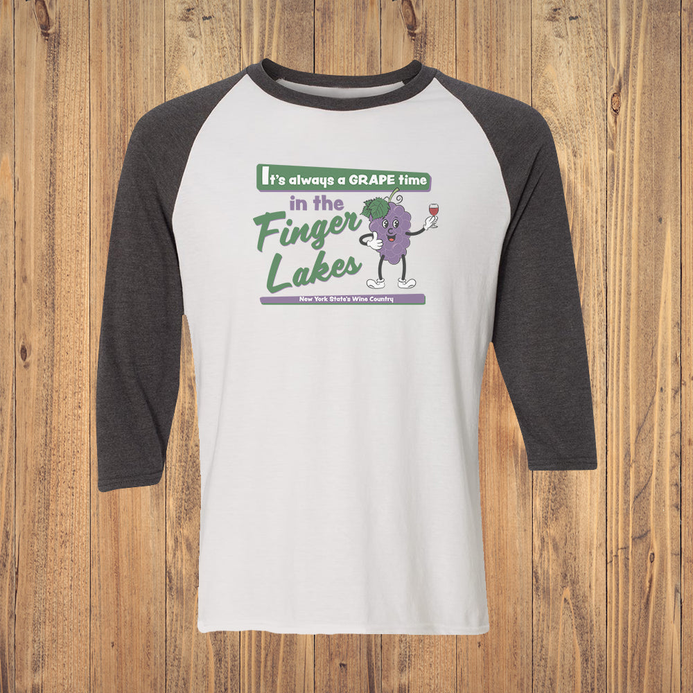 Finger Lakes Retro Fun New York Wine Themed Cartoon Vintage Design 3/4 Sleeve Raglan Shirt