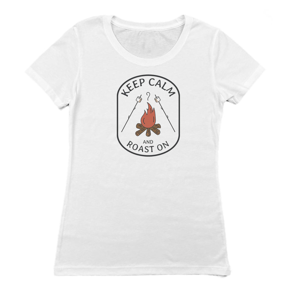 Camping and Campfire Themed Keep Calm and Roast On Vintage Faded Graphic Women's Tee Shirt