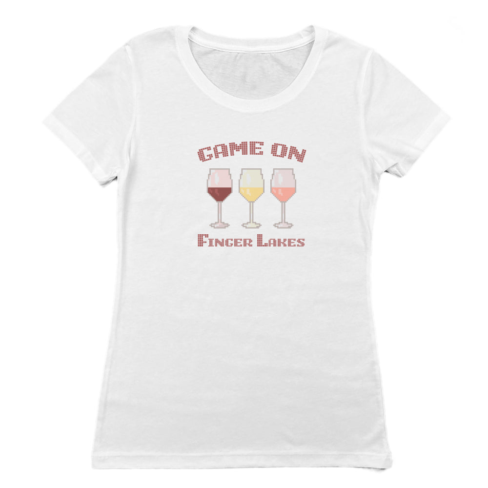 Finger Lakes Wine Themed Fun 80s Gaming Style Graphic Women's Tee Shirt