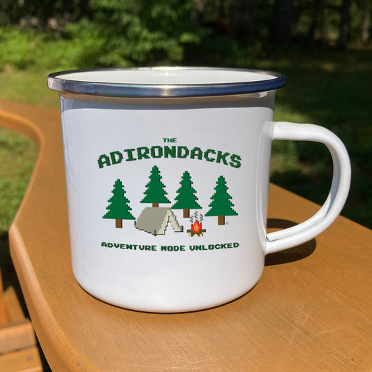 Adventure Mode Adirondacks Camp Mug - 80s Video Game Style 12 oz. Stainless Steel Enamel Mug