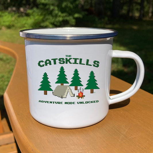 Adventure Mode Catskills Camp Mug - 80s Video Game Style 12 oz. Stainless Steel Enamel Mug