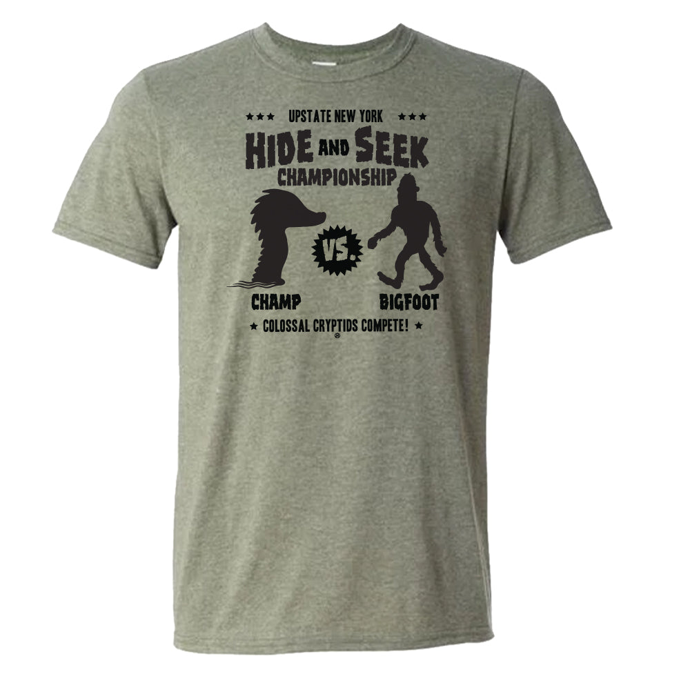 Champ and Bigfoot Hide and Seek Tee Shirt - Unisex Upstate NY Cryptids T-Shirt