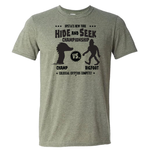 Champ and Bigfoot Hide and Seek Tee Shirt - Unisex Upstate NY Cryptids T-Shirt