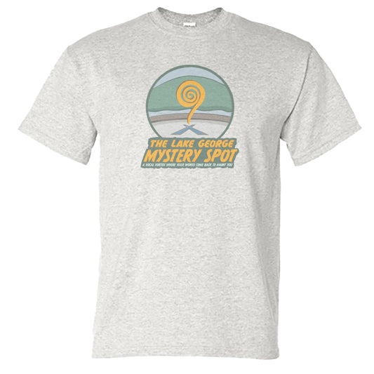 Gray t-shirt with a graphic design of 'The Lake George Mystery Spot' on a white background