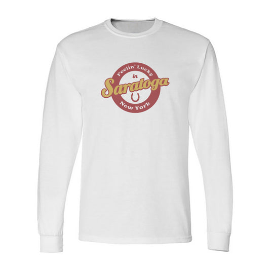 Saratoga Springs Racing Themed Graphic Long Sleeve Tee Shirt