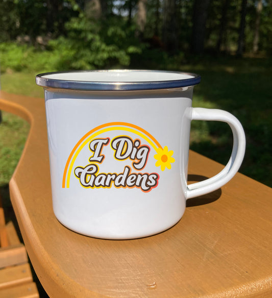 I Dig Gardens 70s Style Gardening Themed 12 oz. Stainless Steel Enamel Camp Mug