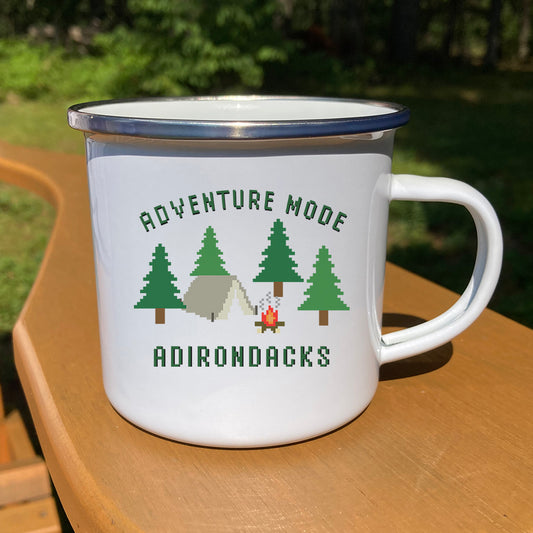 Adventure Mode Adirondacks Camp Mug - 80s Video Game Style 12 oz. Stainless Steel Enamel Mug