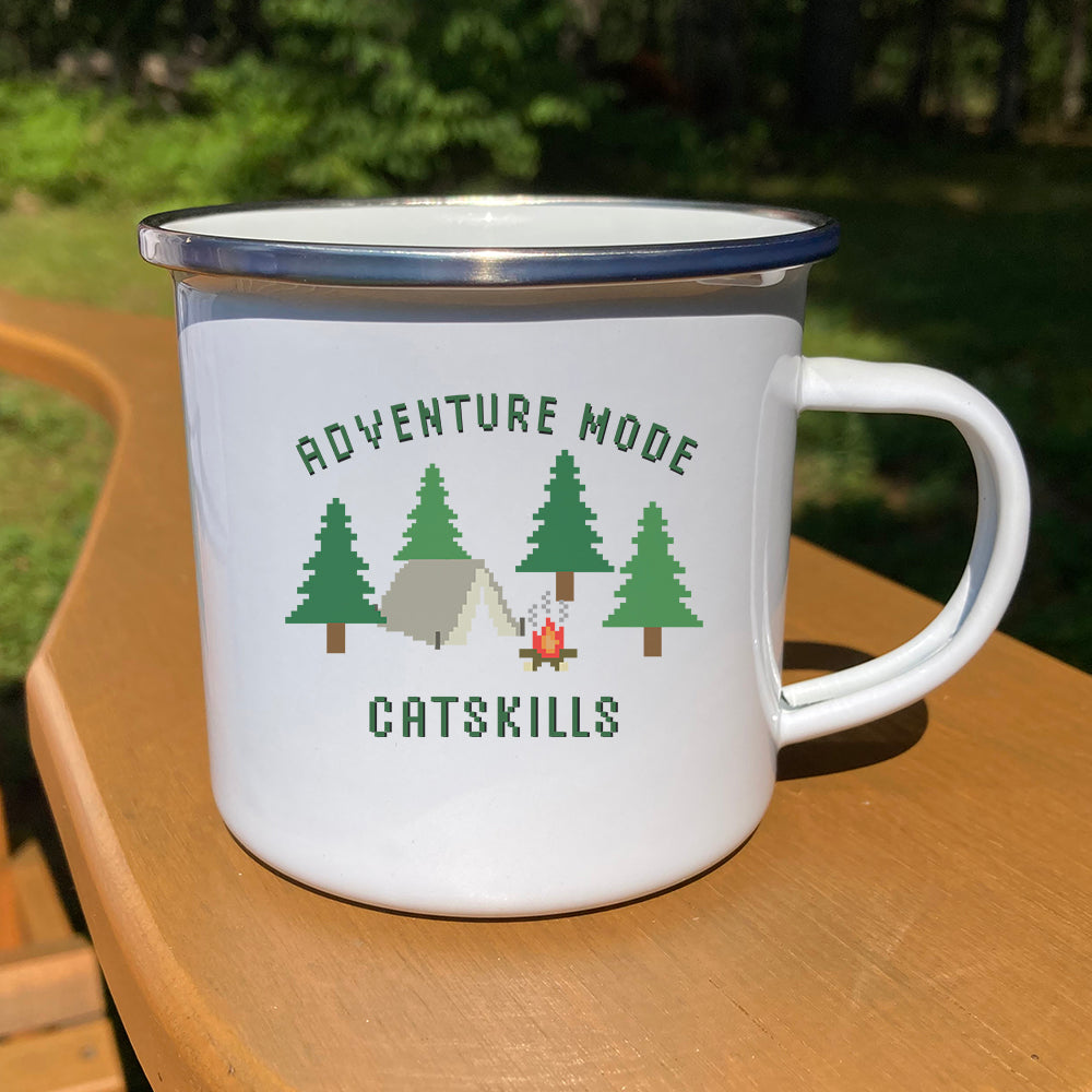Adventure Mode Catskills Camp Mug - 80s Video Game Style 12 oz. Stainless Steel Enamel Mug