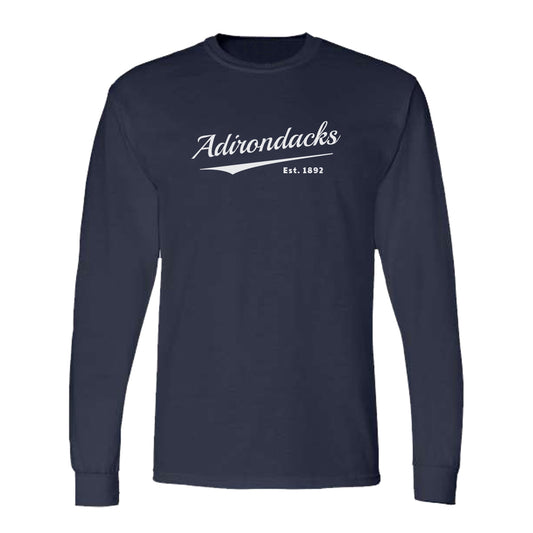 Adirondacks Classic Varsity Inspired White Script Long Sleeve Shirt