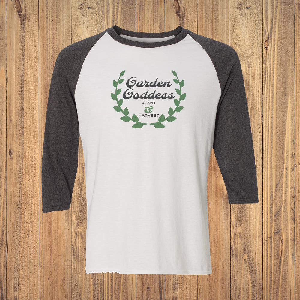 Garden Goddess Logo Gardening Themed 3/4 Sleeve Raglan Shirt