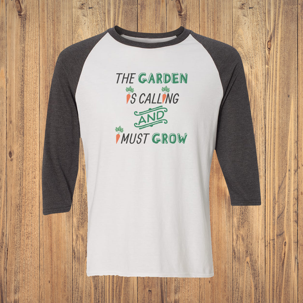 The Garden Is Calling Gardening Themed Vintage Style Print 3/4 Sleeve Raglan Shirt
