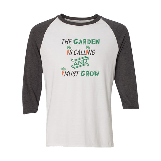 The Garden Is Calling Gardening Themed Vintage Style Print 3/4 Sleeve Raglan Shirt