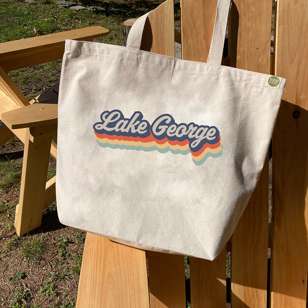 Lake George Retro Script Recycled Cotton Canvas Tote Bag - Lake George Eco Bag