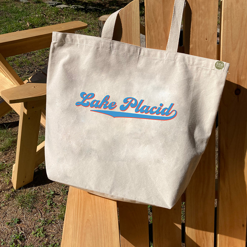 Lake Placid Retro Script Recycled Cotton Canvas Tote Bag - Adirondacks Eco Bag