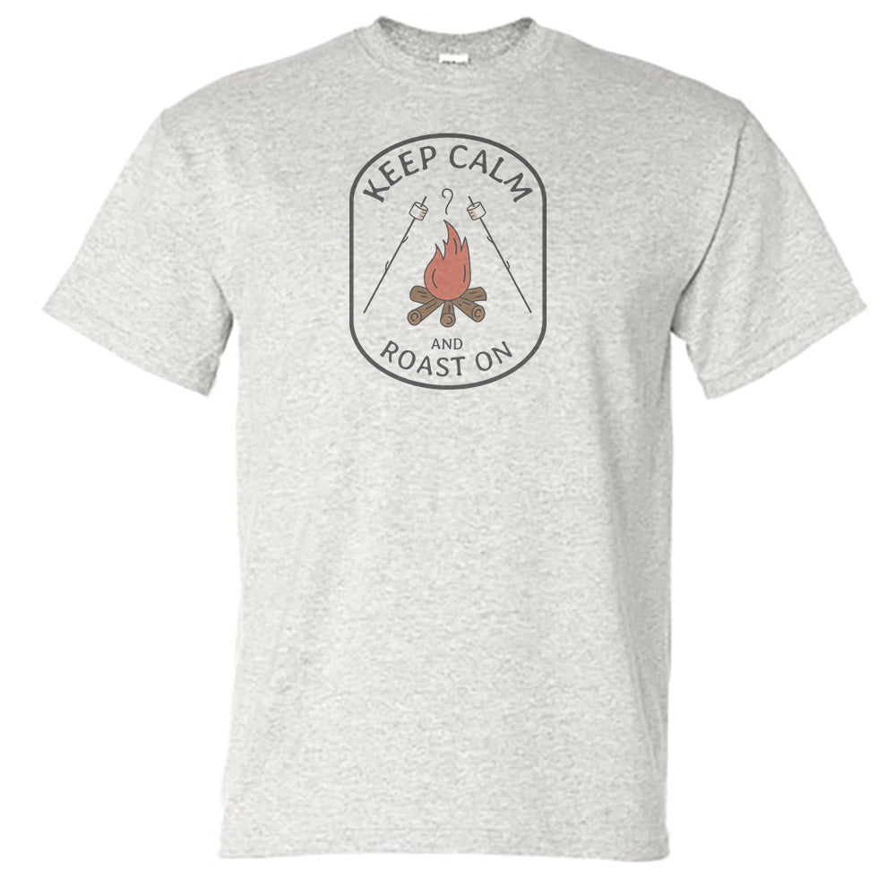 Keep Calm and Roast On Campfire and Camping Themed Vintage Design Unisex Tee Shirt
