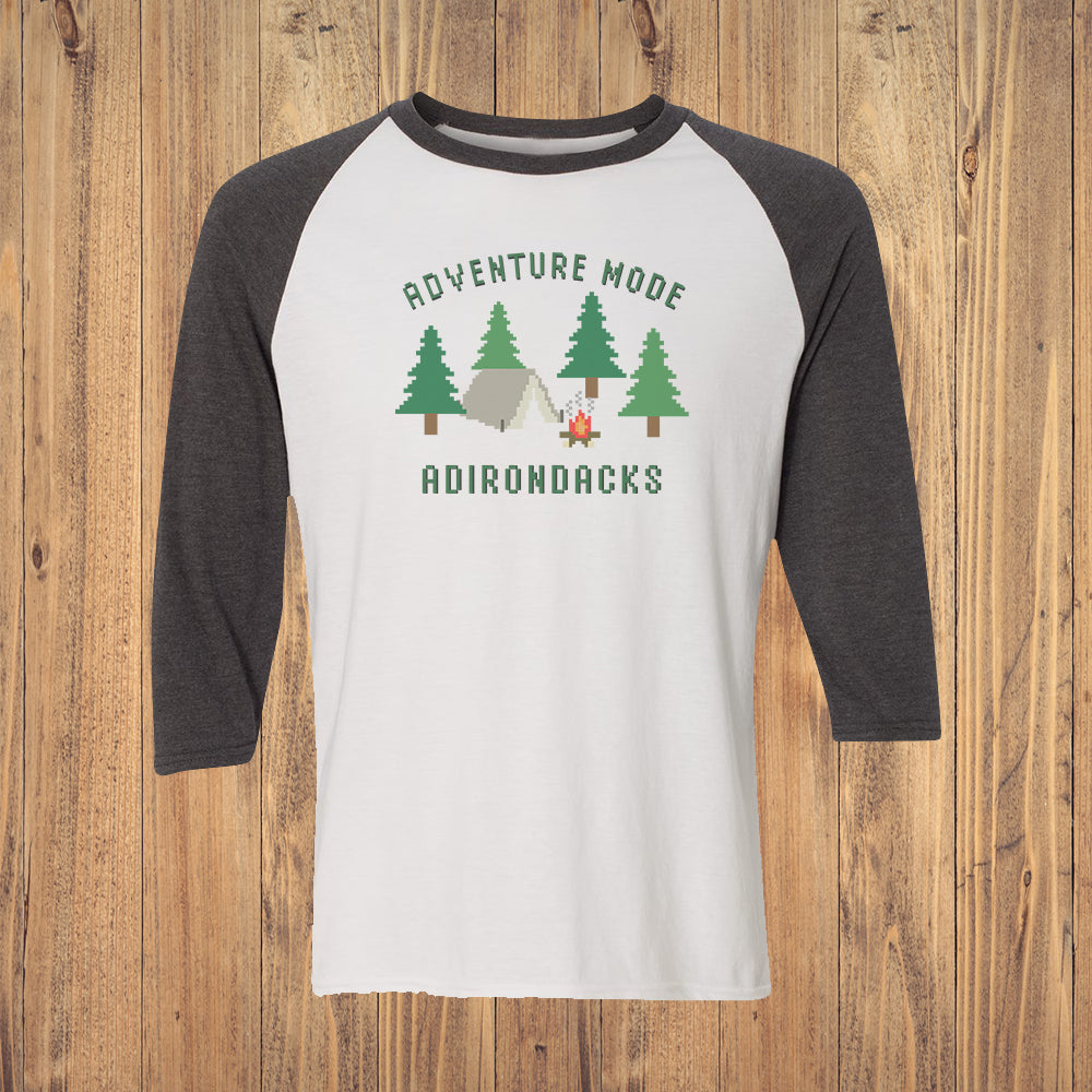 Adirondack Adventure Mode Vintage Style Print 3/4 Sleeve Raglan Shirt