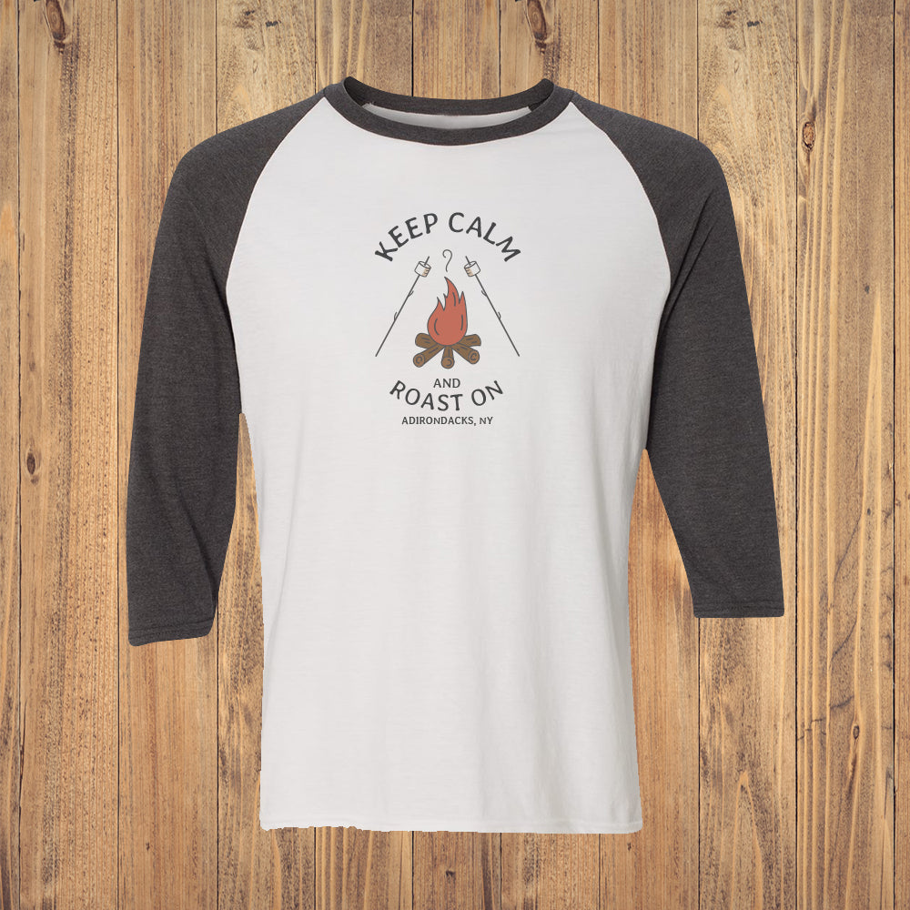Keep Calm Campfire Adirondacks Vintage Style Print 3/4 Sleeve Raglan Shirt