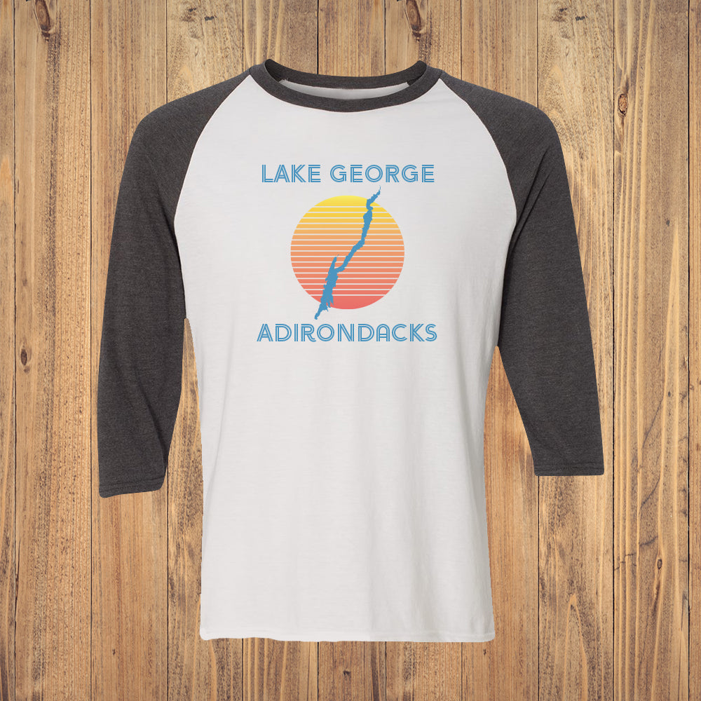 Retro Lake George Adirondack Vintage Style Print 3/4 Sleeve Raglan Shirt