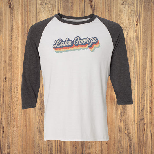 Lake George Retro Script Vintage Style 3/4 Sleeve Unisex Raglan Shirt