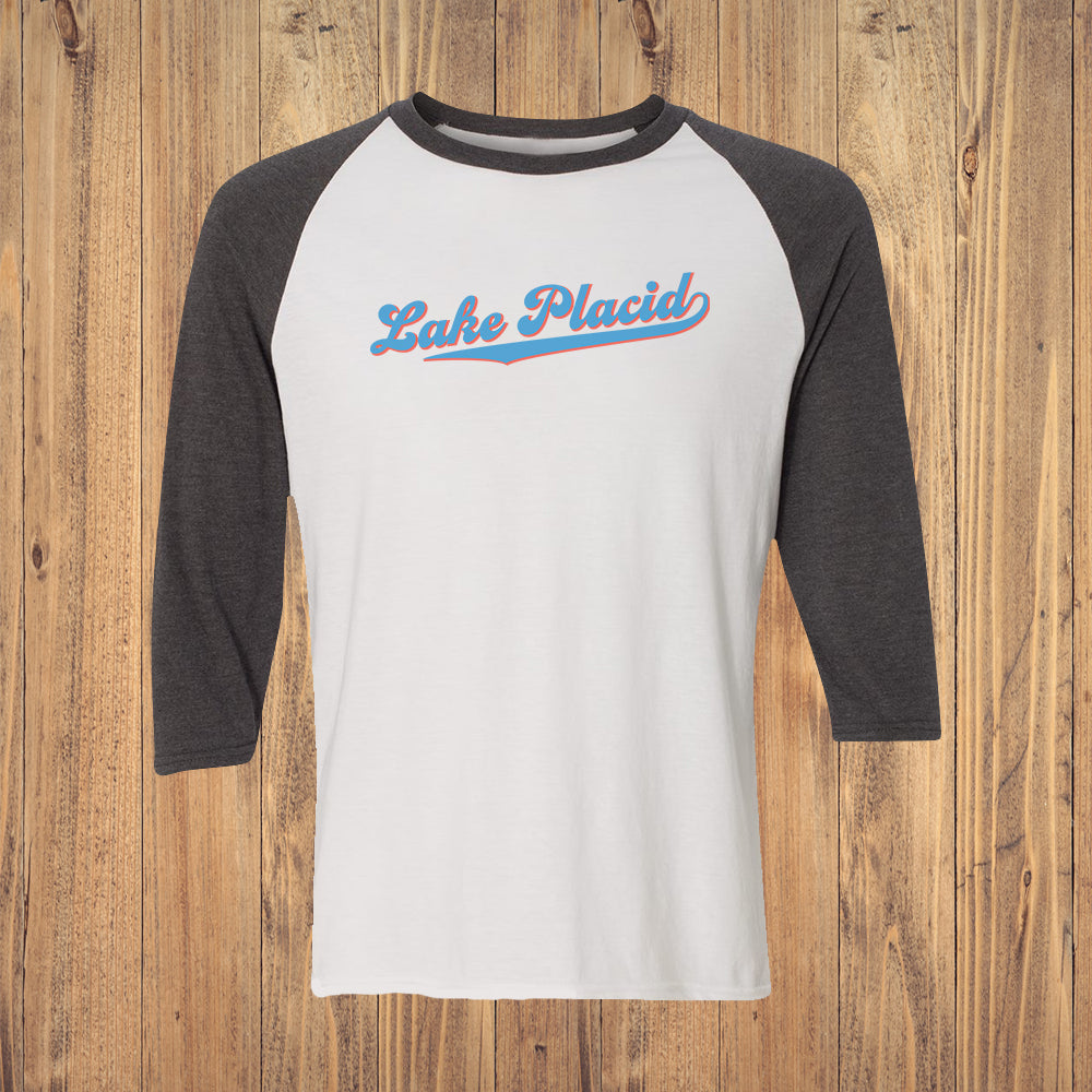 Lake Placid Retro Script Vintage Style 3/4 Sleeve Unisex Raglan Shirt