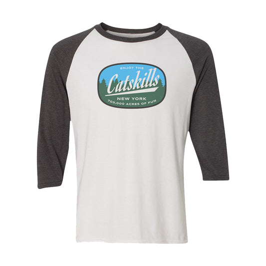 Enjoy the Catskills Vintage Faded Print Graphic Tee - 3/4 Sleeve Raglan Shirt