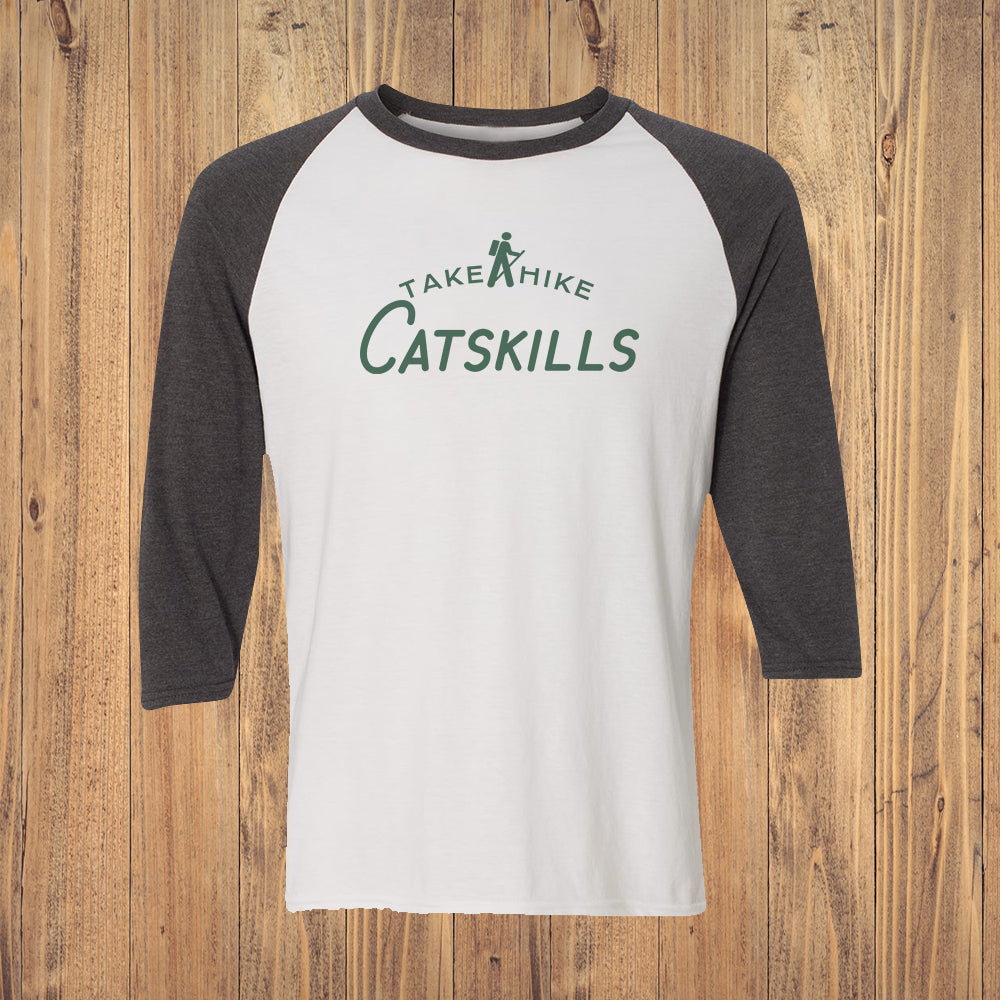 Take A Hike Catskills Vintage Style Print Hiking Themed 3/4 Sleeve Raglan Shirt