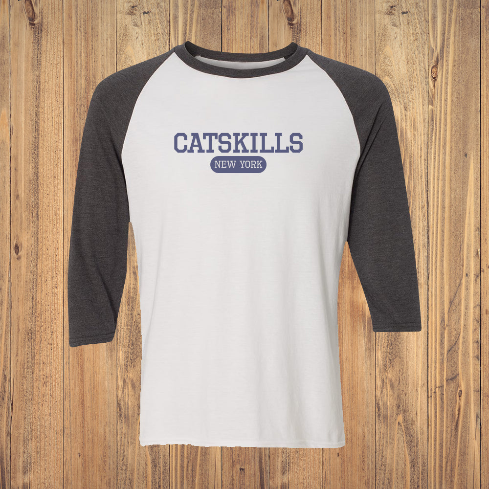 Catskills Varsity Style Faded Print Themed 3/4 Sleeve Raglan Shirt