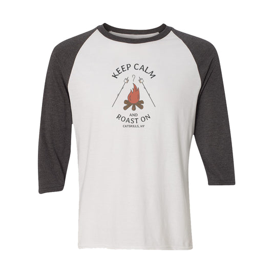 Keep Calm Roast On Campfire Catskills Vintage Style Print 3/4 Sleeve Raglan Shirt