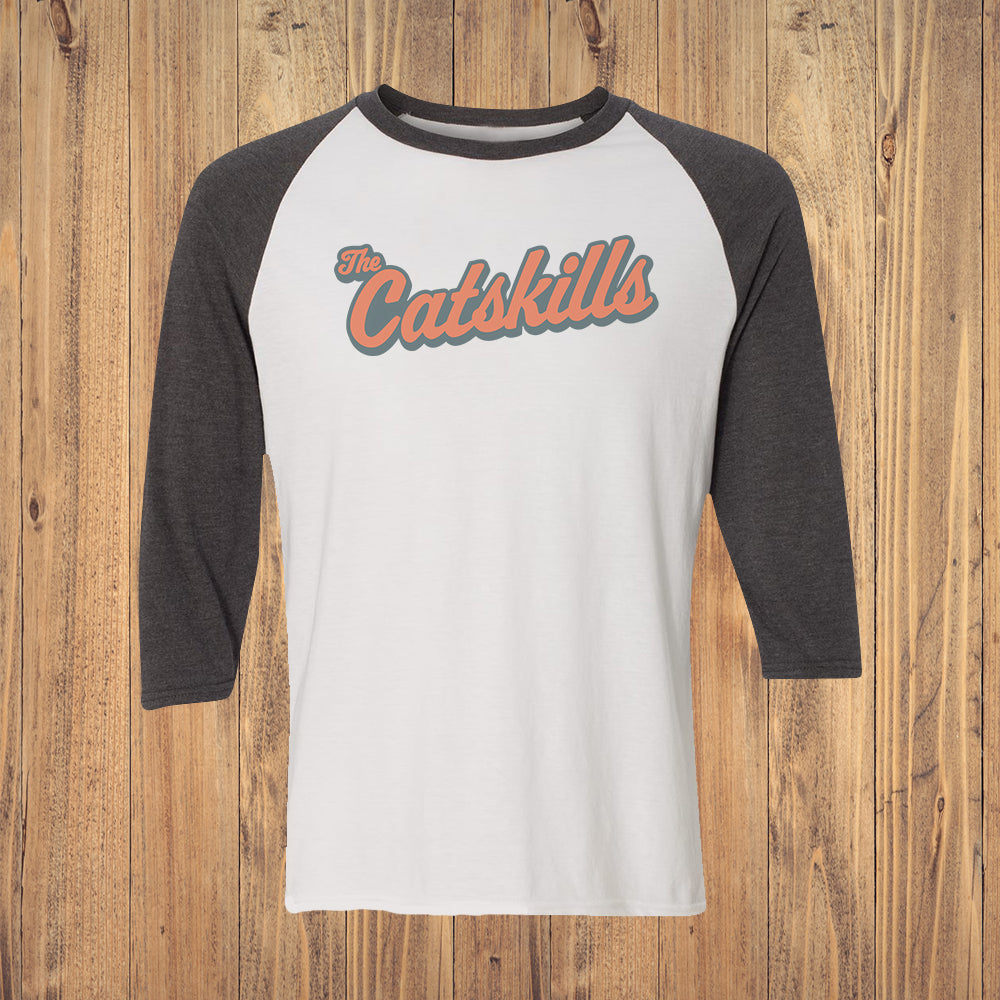 Catskills Retro Script Vintage Faded Print Graphic Tee - 3/4 Sleeve Raglan Shirt