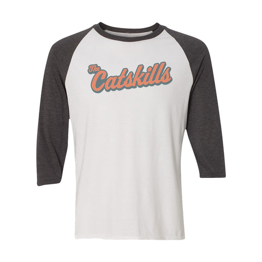 Catskills Retro Script Vintage Faded Print Graphic Tee - 3/4 Sleeve Raglan Shirt