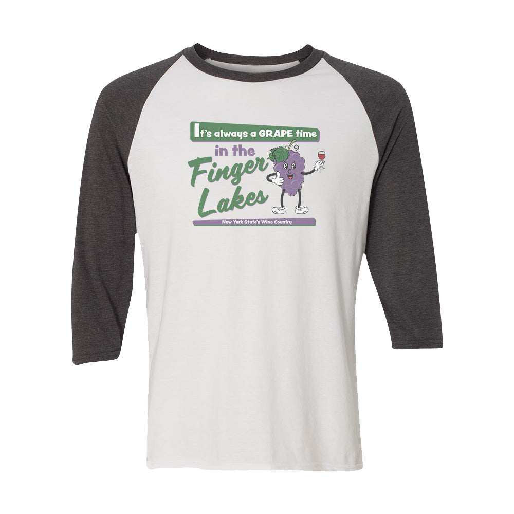 Finger Lakes Retro Fun New York Wine Themed Cartoon Vintage Design 3/4 Sleeve Raglan Shirt