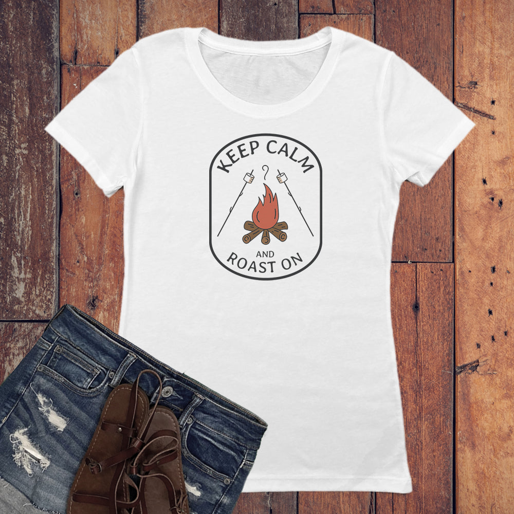 Camping and Campfire Themed Keep Calm and Roast On Vintage Faded Graphic Women's Tee Shirt