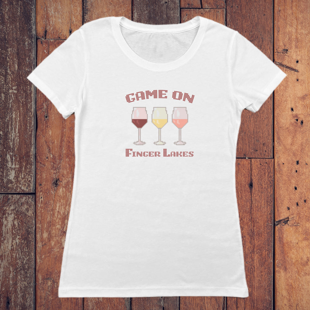 Finger Lakes Wine Themed Fun 80s Gaming Style Graphic Women's Tee Shirt