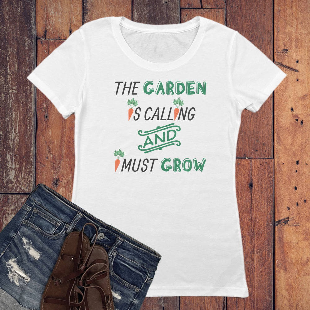 The Garden Is Calling Gardening Themed Vintage Style Print Women's Tee Shirt
