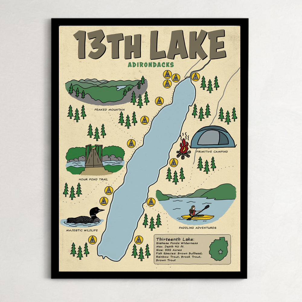 Thirteenth Lake Adirondacks Illustrated Pictorial Map Poster