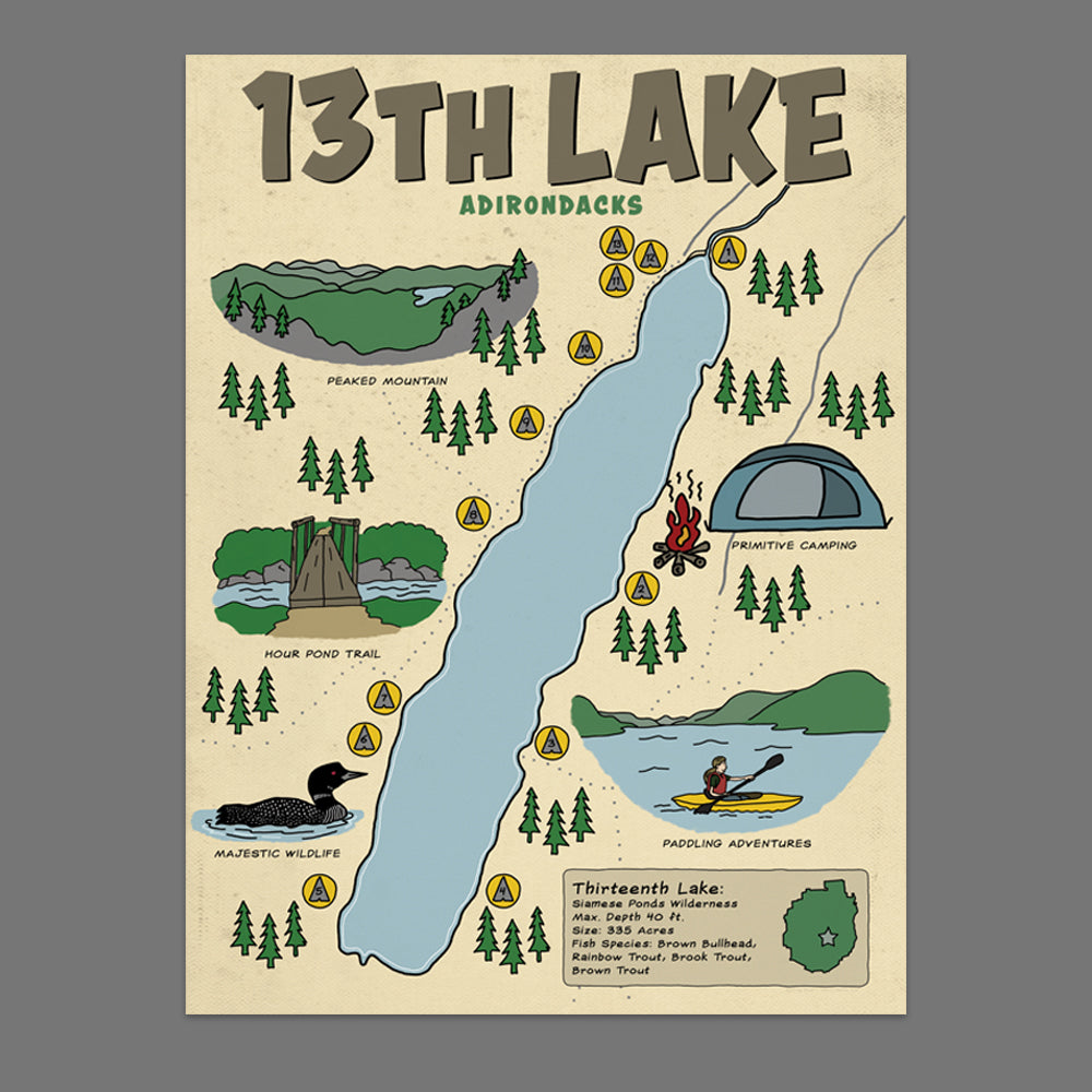 Thirteenth Lake Adirondacks Illustrated Pictorial Map Poster