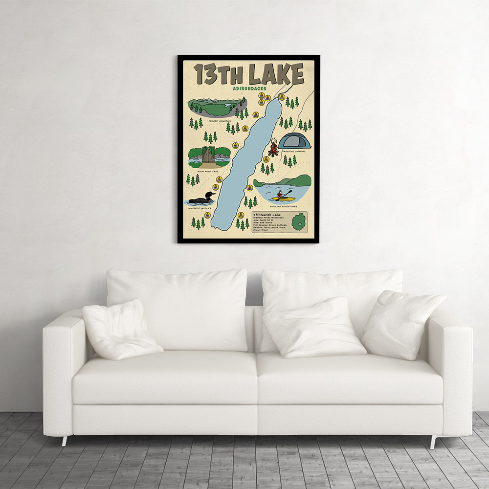 Thirteenth Lake Adirondacks Illustrated Pictorial Map Poster